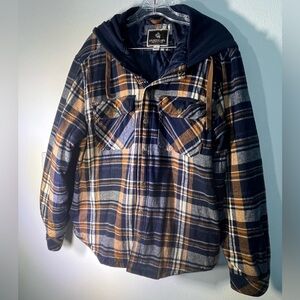 Legendary Outfitters men flannel jacket plaid hooded button front. Size Large